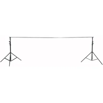 Manfrotto Solo Background Support Heavy Duty 4m kit with two black tripod stands and a long silver pivoting cross bar, ready for single-user setup and extension up to 6 m