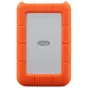 LaCie Rugged 1TB USB‑C external hard drive with orange shock-resistant case, front view featuring a silver aluminum panel and centered LaCie logo.
