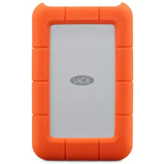 LaCie Rugged 1TB USB‑C external hard drive with orange shock-resistant case, front view featuring a silver aluminum panel and centered LaCie logo.