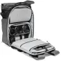 Manfrotto MB UC‑BP‑30L 30 L expandable camera backpack open, showing side‑access camera compartment with DSLR, three lenses (including 70‑200 mm), 16‑inch laptop sleeve, roll‑top, FlexGrid panel, weather-resistant TriTex fabric
