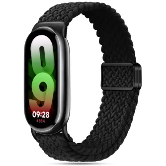Black braided nylon strap for Xiaomi Smart Band 8/9, comfortable and breathable, easily attachable, sleek design with digital display showing time 09:28 and 85% battery