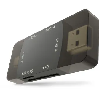 Newell OTG 4‑in‑1 USB 3.0 card reader hub with SD and microSD slots, USB‑A and USB‑C connectors, compact aluminum design, featuring front slots and a side USB‑A port