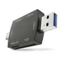 Newell OTG 4-in-1 USB 3.0 card reader hub with SD and microSD slots, USB-A and USB-C connectors, compact aluminum design