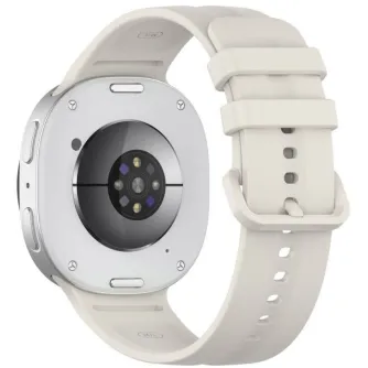 Tech‑Protect silikona pulksteņa siksna starlight baltā krāsā, piemērota Samsung Galaxy Watch 40/44/46 mm, piestiprināta pie sudraba korpusa ar ātro sprādzi.