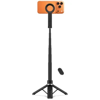 Tech-Protect black 2-in-1 selfie stick-tripod with magnetic MagSafe mount, extending up to 94 cm, includes a Bluetooth remote for hands-free shooting.