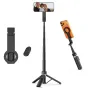Tech-Protect L11S black 2-in-1 selfie stick-tripod with MagSafe mount, extended to 94 cm, displaying a family selfie, with a separate black ring holder and Bluetooth remote control.
