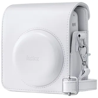 Baltā aizsargājošā soma Fujifilm Instax Mini 13 ar regulējamu plecu siksnu un foto glabāšanas kabatu, ar apaļu priekšējo paneli un ādas stila šuvēm