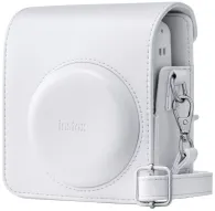 White protective case for Fujifilm Instax Mini 13 with adjustable shoulder strap and photo storage pocket, featuring a circular front panel and leather-style stitchingWhite protective case for Fujifilm Instax Mini 13 with adjustable shoulder strap and photo storage pocket, featuring a circular front panel and leather-style stitching