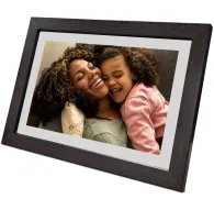 Sencor digital photo frame SDF 1093 10.1 Wi-Fi coffee-colored dark wood frame with white mat displaying a smiling mother and daughter.Sencor digital photo frame SDF 1093 10.1 Wi-Fi coffee-colored dark wood frame with white mat displaying a smiling mother and daughter.