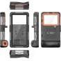 Tech-Protect IPX8 waterproof case for smartphones up to 6.7 inches, featuring transparent screen and camera windows, tripod mount and wrist strap, shown in open and closed views with all components.