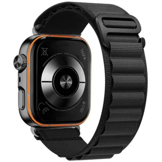 Tech-Protect melns nylona pulksteņa siksna ar oranžu akcentu uz Huawei Watch Fit 3/4/4 Pro/5/5 Pro, redzama pulksteņa aizmugure ar sensoru un regulējama teksturēta siksna.