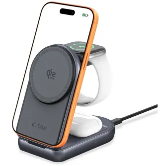 Tech‑Protect A53 3‑in‑1 foldable wireless charger in grey, MagSafe-compatible smartphone in orange case, Apple Watch and AirPods case charging simultaneously up to 25 W
