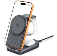 Tech‑Protect A53 3‑in‑1 foldable wireless charger in grey, MagSafe-compatible smartphone in orange case, Apple Watch and AirPods case charging simultaneously up to 25 WTech‑Protect A53 3‑in‑1 foldable wireless charger in grey, MagSafe-compatible smartphone in orange case, Apple Watch and AirPods case charging simultaneously up to 25 W