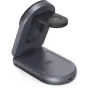 Tech-Protect A53 3in1 grey wireless charger with MagSafe compatibility, foldable design and adjustable magnetic arm, featuring Qi charging pad and USB-C port.