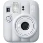 Белая Fujifilm Instax Mini 13 instant camera в фронтальном виде, 60 мм объектив, встроенная вспышка, кнопка таймера и брендинг, компактный дизайн для мгновенных снимков.