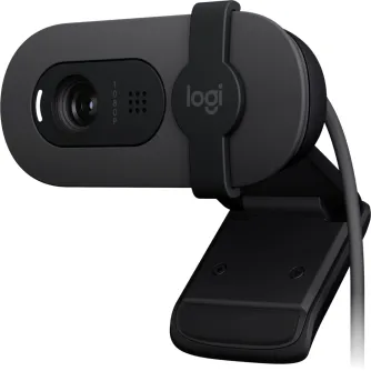 Black Logitech Brio 100 webcam with 1080p indicator, privacy shutter and built-in microphone, mounted on a clip