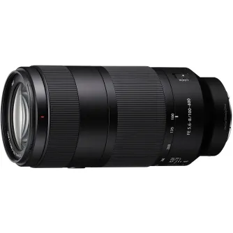 Sony FE 100-400mm f/5.6-8.0 OSS super-telephoto zoom lens displayed in full side view with front element, focus distance scale, and lock switch