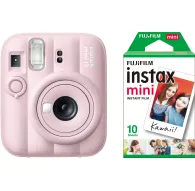 Pink Fujifilm Instax Mini 13 instant camera with built-in flash and selfie timer next to a green Fujifilm Instax Mini 10-sheet film pack showing a Kawaii! photo sample.Pink Fujifilm Instax Mini 13 instant camera with built-in flash and selfie timer next to a green Fujifilm Instax Mini 10-sheet film pack showing a Kawaii! photo sample.