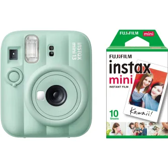 Камера Fujifilm Instax Mini 13 в цвете лагуна с встроенной вспышкой и таймером, в комплекте с упаковкой Fujifilm Instax Mini на 10 листов.