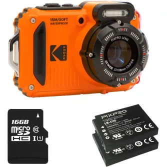 Оранжевая водонепроницаемая компактная камера Kodak PixPro WPZ2 с 4-кратным оптическим зумом, 16 ГБ microSD-картой и двумя дополнительными батареями в комплекте