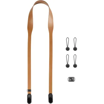 Peak Design Form Leather tan kameras siksna ar melniem Anchor Link savienotājiem un metāla aksesuāru cilpu, kā arī četriem papildu melniem cilpu savienotājiem
