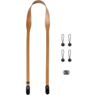 Peak Design Form Leather tan camera strap with black Anchor Link connectors and a metal accessory loop, plus four extra black loop connectorsPeak Design Form Leather tan camera strap with black Anchor Link connectors and a metal accessory loop, plus four extra black loop connectors