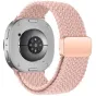 Tech-Protect pērļu rozā pītā neilona pulksteņa siksna Samsung Galaxy Watch 40/44/46mm, ar sudraba aizmuguri un rozā zelta sprādzi.