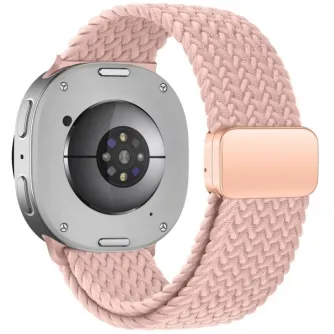 Tech-Protect pērļu rozā pītā neilona pulksteņa siksna Samsung Galaxy Watch 40/44/46mm, ar sudraba aizmuguri un rozā zelta sprādzi.