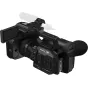 Panasonic HC-X1 4K professional camcorder with Leica Dicomar 20x zoom lens, external microphone, flip-out LCD screen and viewfinder, showcasing its compact black body and side control panel