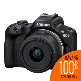 Canon EOS R50 mirrorless camera with RF-S 18-45mm f/4.5-6.3 IS STM lens in black, front view highlighting lens details and camera body design