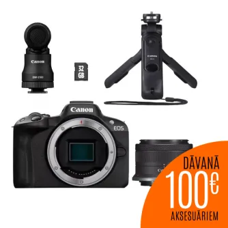 Canon EOS R50 mirrorless camera kit with RF-S 18-45mm lens, DM-E100 microphone, mini tripod, and 32GB memory card
