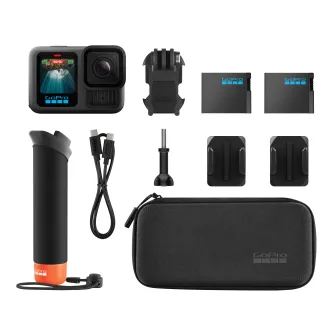 GoPro HERO13 Black action camera bundle featuring the camera, floating hand grip, two Enduro batteries, curved adhesive mounts, mounting buckle, USB‑C cable, and a black carrying case, all arranged on a white background.