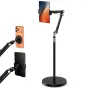 K&F Concept universāls grīdas statīvs ar regulējamu augstumu 25–160 cm, smags 2,89 kg pamats, tabletes turētājs, kas tur tableti, un atsevišķi skati uz telefona turētāju uz oranžā viedtālruņa un tabletes turētāju uz melnā tablet