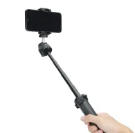JJC TP ET1 extendable selfie stick with phone clamp holding a smartphone, featuring a 360° ball head and adjustable length, held in a hand against a white background.JJC TP ET1 extendable selfie stick with phone clamp holding a smartphone, featuring a 360° ball head and adjustable length, held in a hand against a white background.