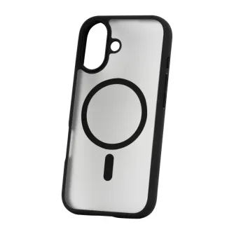 Roobix Dusky MagSafe kāsejs iPhone 17 matēta melnā krāsā ar puscaurspīdīgu aizmuguri, kurā redzams melns apaļš MagSafe gredzens un neliels vertikāls indikators.