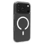 Transparent Roobix Clarion MagSafe case for iPhone 17 Pro showing the phone's black back, triple-camera module, and white MagSafe ring for secure wireless charging.