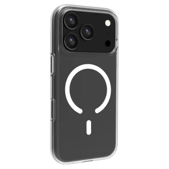 Caurskatā Roobix Clarion MagSafe kāse iPhone 17 Pro, parādot melnu aizmuguri, trīs kameru moduli un baltu MagSafe gredzenu drošai bezvadu uzlādei.