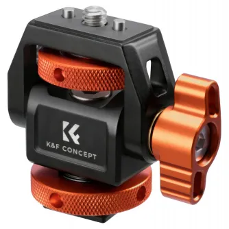 K&F Concept MS‑42 monitor mount in orange-black, a compact aerospace-aluminium bracket with 360° rotation, 180° tilt and 3 kg load capacity, featuring knurled orange adjustment knobs and a side lever.
