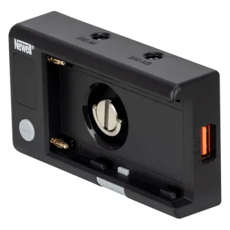 Newell DC-USB аккумуляторный адаптер с открытым отсеком, золотыми контактами, круглой фиксацией, USB-C портом с оранжевой внутренней частью и белой кнопкой, компактный черный корпус