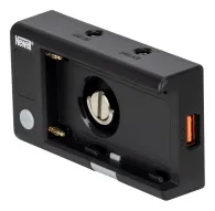 Newell DC-USB аккумуляторный адаптер с открытым отсеком, золотыми контактами, круглой фиксацией, USB-C портом с оранжевой внутренней частью и белой кнопкой, компактный черный корпусNewell DC-USB аккумуляторный адаптер с открытым отсеком, золотыми контактами, круглой фиксацией, USB-C портом с оранжевой внутренней частью и белой кнопкой, компактный черный корпус