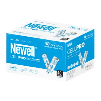 Newell CellPro AA alkaline battery pack, 48 cells in 12 blister packs, 1.5 V, long-lasting, mercury-free, with 40-month warranty, displayed on the product box