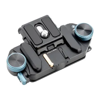 Fotopro RZ-5 backpack quick release mounting bracket, black metal body with blue adjustment knobs, top view showing mounting plate and side knobs