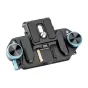 Fotopro RZ-5 backpack quick-release mounting bracket with blue knobs, black metal body, and Arca-Swiss compatible plate, designed for secure camera attachment to backpack straps up to 25 kg.