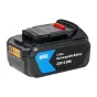Newell 20 V 4 Ah Li‑ion rechargeable battery for Dewalt tools, black casing with blue label, orange release button on top, side yellow charge indicator, clear product shot.