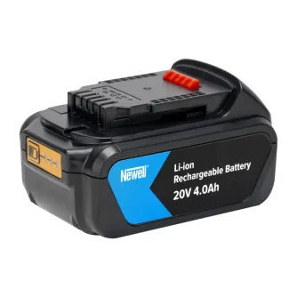 Newell 20 V 4 Ah Li‑ion rechargeable battery for Dewalt tools, black casing with blue label, orange release button on top, side yellow charge indicator, clear product shot.