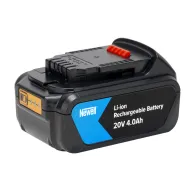 Newell 20 V 4 Ah Li‑ion uzlādējams akumulators Dewalt instrumentiem, melna korpuss ar zilu etiķeti, oranžā atvēršanas poga augšpusē, dzeltenais uzlādes indikators sānos, skaidrs produkta attēls.Newell 20 V 4 Ah Li‑ion uzlādējams akumulators Dewalt instrumentiem, melna korpuss ar zilu etiķeti, oranžā atvēršanas poga augšpusē, dzeltenais uzlādes indikators sānos, skaidrs produkta attēls.