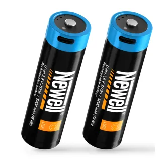 Two Newell USB-C D/R20 rechargeable batteries, 4000 mAh capacity, with integrated USB-C charging port and LED indicators, displayed as a pair.
