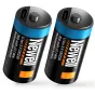 Newell CR123A USB‑C 700 mAh rechargeable battery pair, black with blue stripe, integrated USB‑C charging port and LED indicator