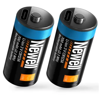 Newell CR123A USB‑C 700 mAh rechargeable battery pair, black with blue stripe, integrated USB‑C charging port and LED indicator