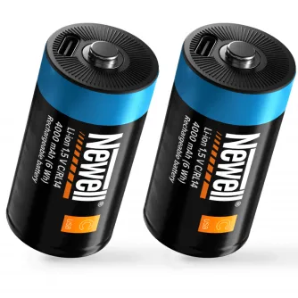 Pair of Newell USB‑C C/R14 rechargeable batteries, 4000 mAh each, black with blue band, integrated USB‑C charging port and LED indicator, front label visible